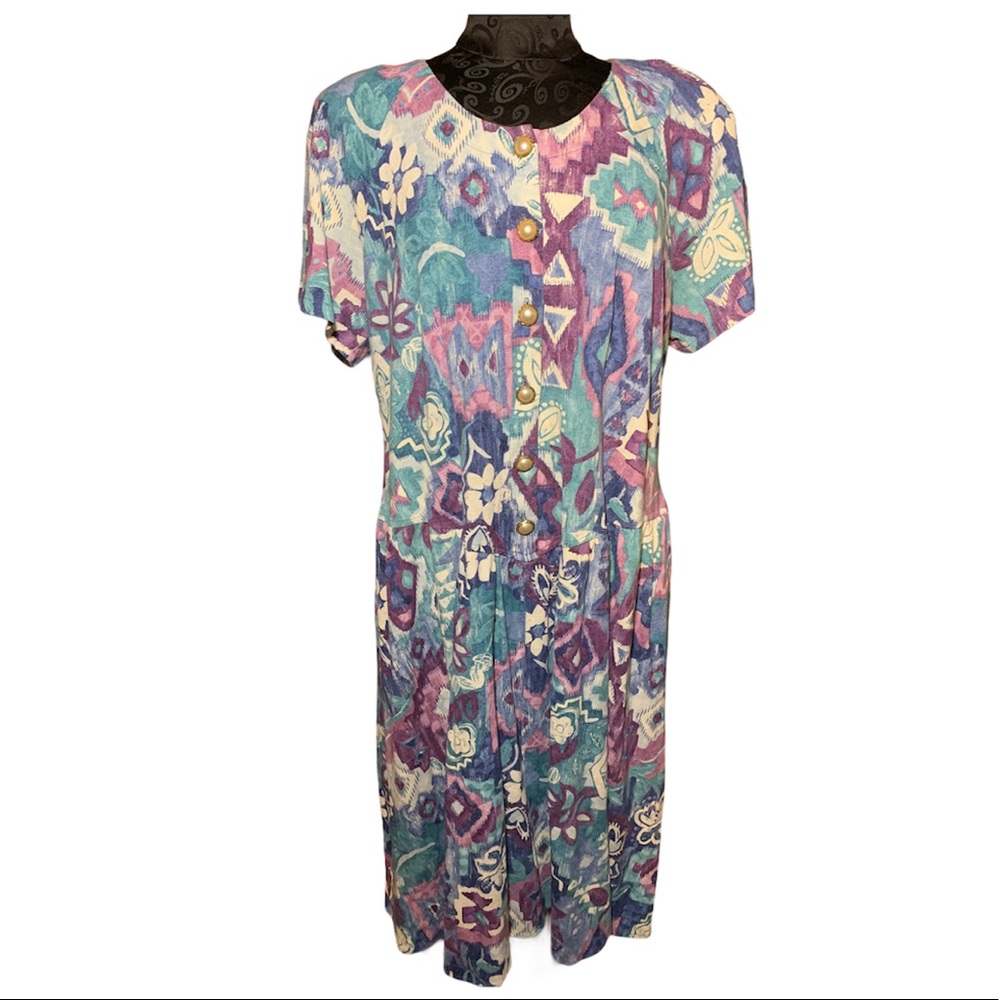 70's Pastel Multi Print Button Up Pocket Dress